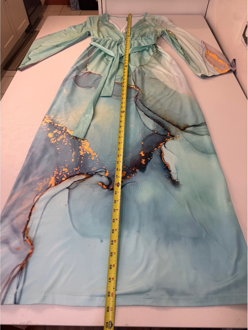 Long Sleeve Maxi Dress with Abstract Aqua and Gold Print - Picture 5 of 13